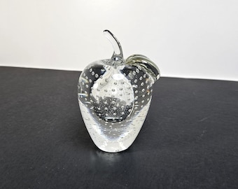 Vintage Bullicante Clear Art Glass Apple Paperweight Inner Tear Shape Bubble Controlled Bubbles 5" x 3"