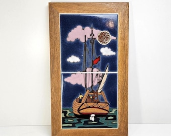 Vintage Prusa Tiles Elany & Jiri Twilight Voyage Hand Painted Framed Trivet Wall Decor