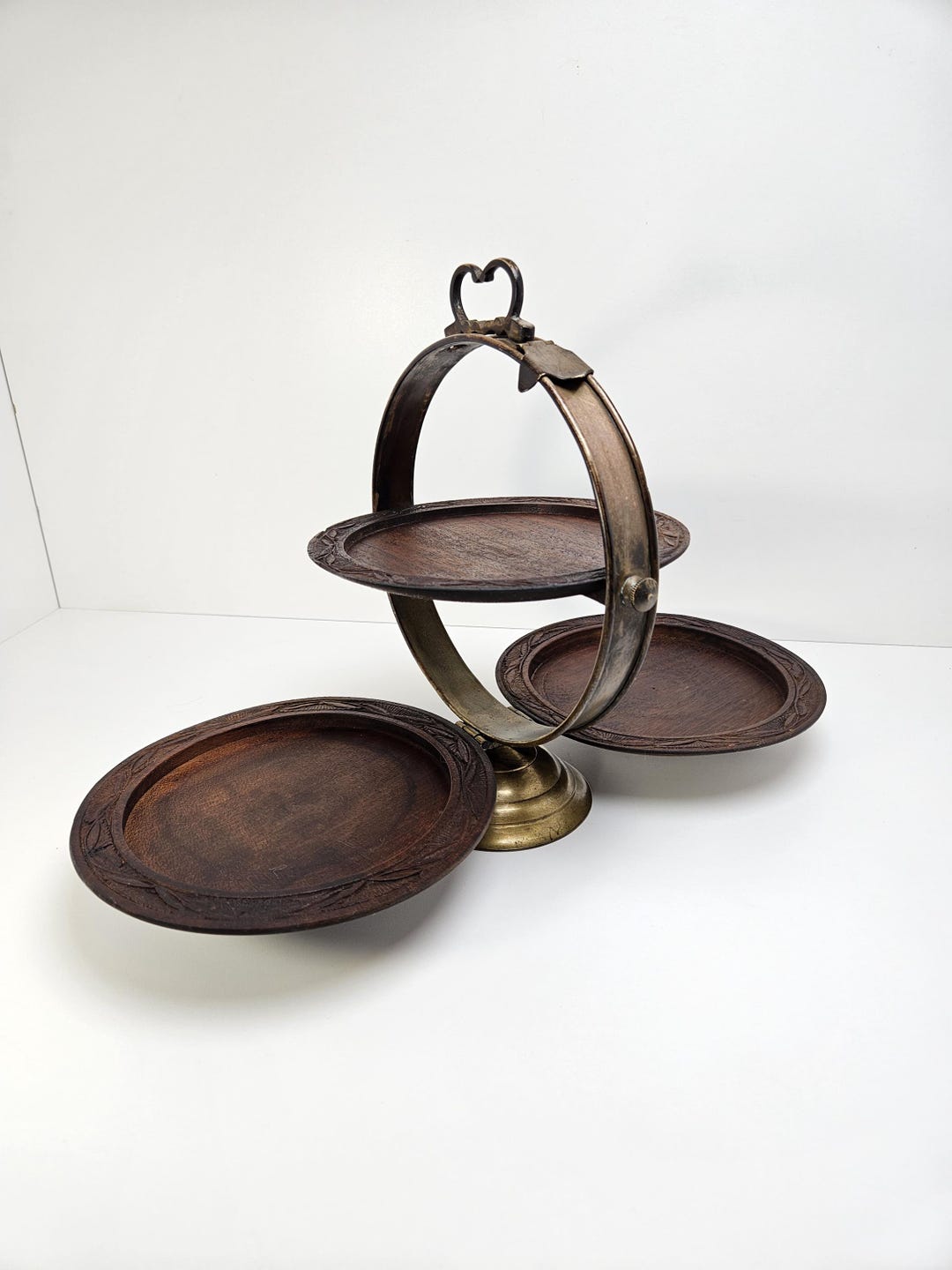3 Tier Brass and Wood Carved Folding Collapsible Tray Server Display ...