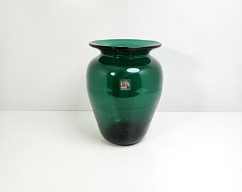 Blenko Green Vase Hand Blown Glass with Original Sticker 8"