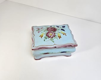 Vintage Hand Painted Italian Ceramic Blue with Roses Floral Footed Trinket Box Marked Italy 5" x 4" x 2 5/8"