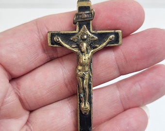 Vintage Catholic Brass Bronze and Wood Crucifix Pendant