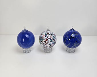 Hand Blown Glass Ornaments: YOUR CHOICE - Blue Swirl; Blue Spotted; or Confetti 3"