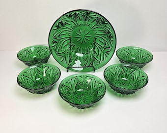 Vintage Green Pressed Glass Serving Bowl with 5 Berry Bowls - Set of 6