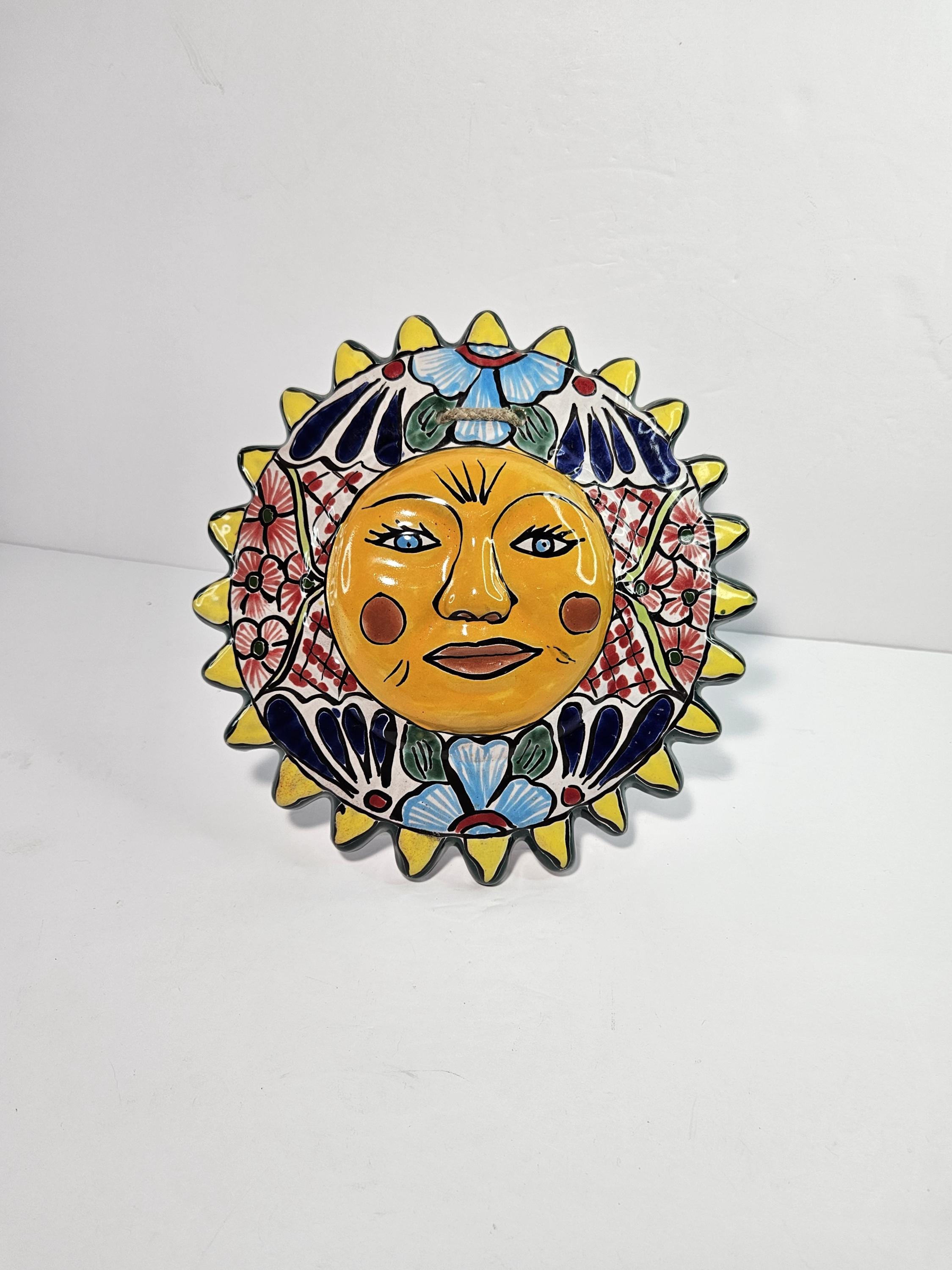 Vintage Hand Painted Mexican Folk Art Talavera Colorful Sun Face