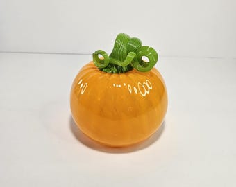 Hand Blown Glass Vibrant Orange Pumpkin with Green Coils Stem - Fall Decor 4.5" Tall