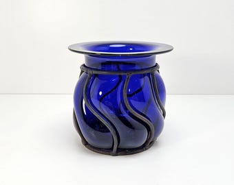 Vintage Caged Cobalt Blue Glass Candle Holder Vase 4.25" x 4.25"