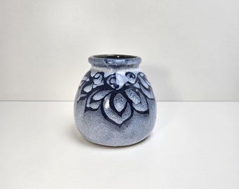 Vintage Studio Pottery Vase Blue on Blue Swirled Floral Leaf Pattern Signed 4" Tall x 2.5" Wide at Opening