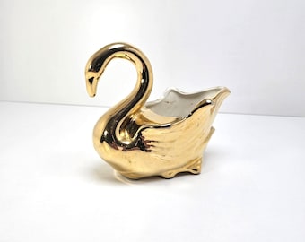Vintage Ceramic Gold Painted Swan small Vase Planter MCM
