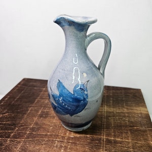 Tonala Mexican Pottery Blue Bird in Flight Small Pitcher Vase Hand Made 6.25&quot; Tall