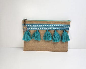 Jute Burlap Boho Turquoise Tassels Hamsa Hand Clutch Bag Purse Zip Closure Hippie Beach Travel 11" x 8"