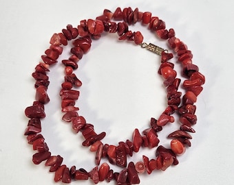 Vintage Red Coral Chip Necklace with Barrel Screw Closure Boho Hippie Surfer Beach Natural 18" Long