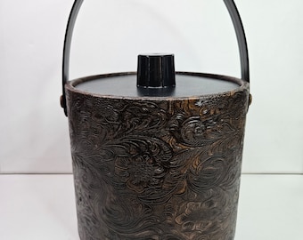Vintage Faux Leather Floral Tooled Ice Bucket Handle Western Cowboy Rustic Barware Entertain 8.25" x 7.75"