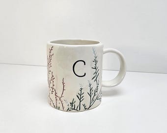 Anthropologie Dagny Monogram C Coffee Tea Mug Botanical Floral Embossed Ceramic 4"