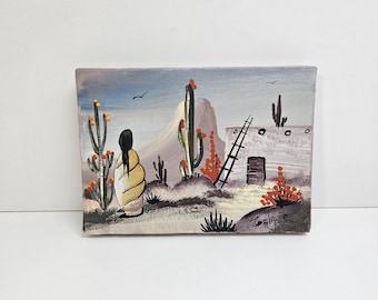 Vintage J. Galan R Original Signed Southwest Landscape Small Canvas Cacti Adobe 5" x 7"