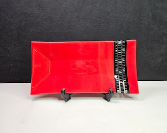 Vintage Red Black Grey and Clear Fused Glass Serving Tray 11.75" Long 5.75" Wide