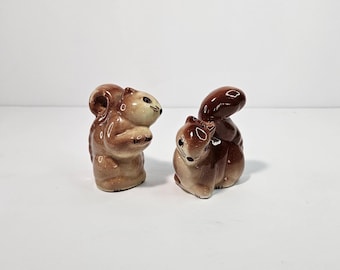 Vintage Pair of Squirrels Salt and Pepper Shakers Brown Ceramic NO STOPPERS 3" Tall
