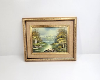 Vintage 1970s Miniature Landscape Oil Painting Gold Frame Linen Style Mat Signed 8x10