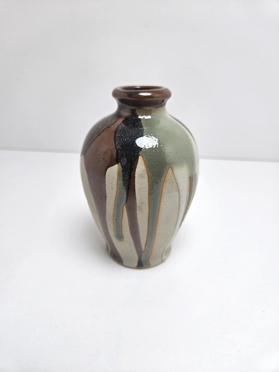 Vintage Drip Glaze Bud Vase Japanese Art Pottery Brown Green Cream ...