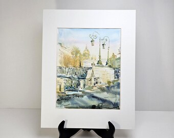 Original Watercolor Potseluev Kisses Bridge Moyka River St. Petersburg Russia