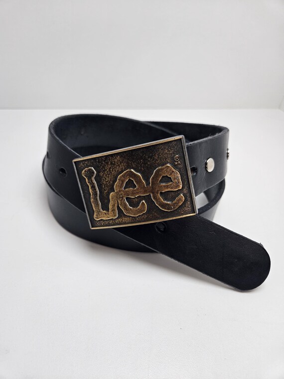 Vintage Lee Brass Belt Buckle With Black Amish Genuine Leather