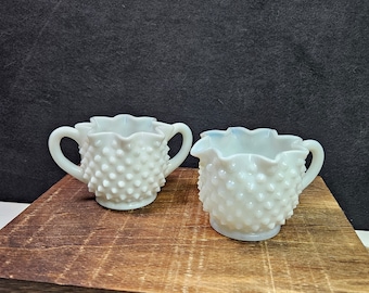 Vintage Fenton Hobnail Milk Glass Creamer and Open Sugar Star Rimmed Set
