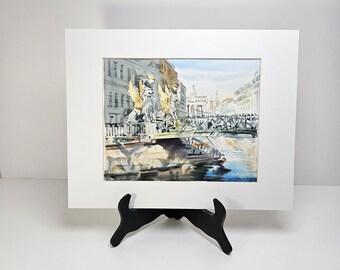 Original Watercolor Griffins Winged Lions Statues Bank Bridge Griboyedov Canal St. Petersburg Russia