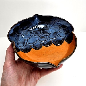 Vintage Blue Orange Glaze Stoneware Acorn Nut Bowl Trinket Dish Nut Signed BHG 6.5" Wide 2" Tall