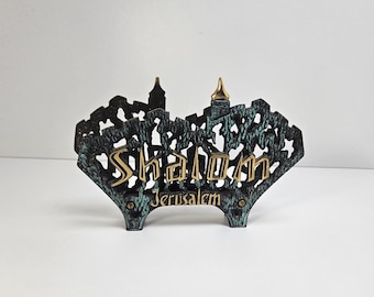 Vintage Brass Napkin Letter Holder Shalom Jerusalem Skyline Israel No. 852 Green Brass 6.5" x 4.25" x 1.25"