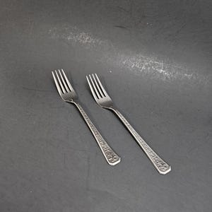 May include: Two silver-colored metal forks featuring four tines and a decorative embossed floral pattern along the length of the handle. The handles have a slightly tapered shape with a flat, squared-off end, showcasing a polished metallic finish.