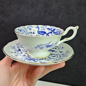 Coalport Cairo Pattern Blue on White Peacock, Moths, Butterflies, Floral Teacup & Saucer