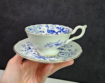 Coalport Cairo Pattern Blue on White Peacock, Moths, Butterflies, Floral Teacup & Saucer