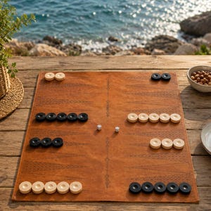 Luxury Crazy Horse leather backgammon board displayed on a wooden table outdoors.