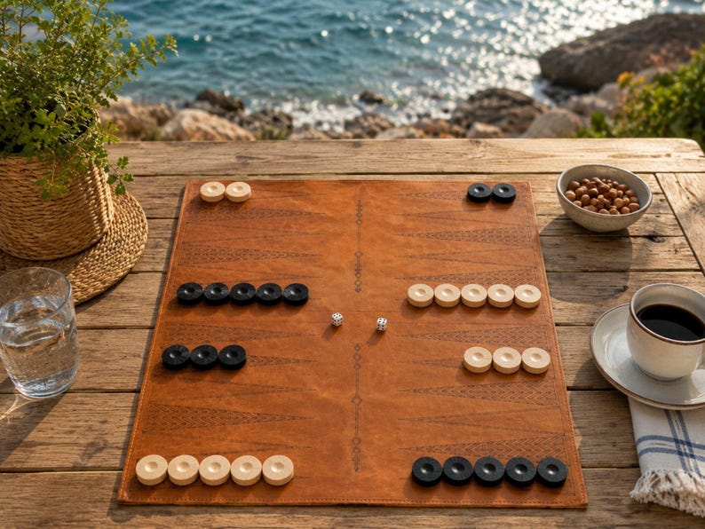 Luxury Crazy Horse leather backgammon board displayed on a wooden table outdoors.