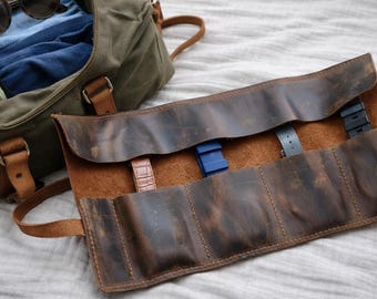 Leather Watch Roll Case for 4 Watches, Travel Pouch, Custom Organizer, Men's Collector Storage