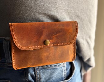 Tarjetero de cuero, billetera plegable de cuero hecha a mano, billetera de bolsillo frontal, billetera de cuero personalizada