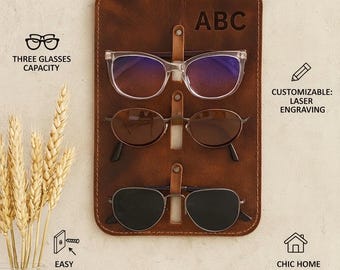 Organizador de gafas de cuero Crazy Horse hecho a mano: soporte para gafas de sol con 3 ranuras, montaje en pared, personalizado.