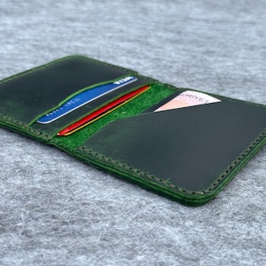 Cartera de cuero para tarjetas, billetera plegable de cuero hecha a mano, billetera con bolsillo frontal, billetera de cuero personalizada