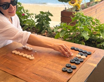 Personalized Leather Backgammon Set, Handmade Crazy Horse Board Game, Luxury Travel Backgammon