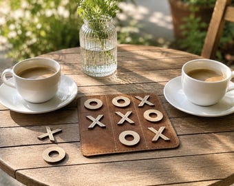 Personalized Leather Tic Tac Toe Travel Game, Wooden X O Set, Handmade Board Bag