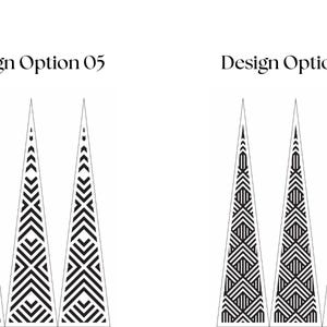 May include: Two sets of three tall, thin, black and white triangular patterns labeled Design Option 05 and Design Option 06. Each triangle features intricate, repeating geometric line work, with Design Option 05 showing a chevron-like motif and Design Option 06 displaying a dense, interlocking grid pattern.