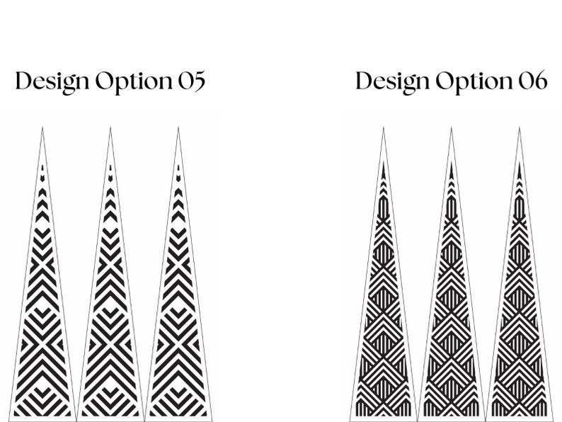 May include: Two sets of three tall, thin, black and white triangular patterns labeled Design Option 05 and Design Option 06. Each triangle features intricate, repeating geometric line work, with Design Option 05 showing a chevron-like motif and Design Option 06 displaying a dense, interlocking grid pattern.