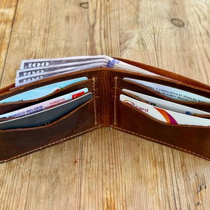 Tarjetero de cuero, billetera plegable de cuero hecha a mano, billetera de bolsillo frontal, billetera de cuero personalizada