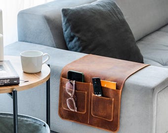 Handmade Leather Sofa Armrest Organizer: Rustic Living Room Caddy