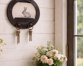 May include: A round, dark brown leather key holder with a sketched image of a rabbit. The key holder has two brass key rings and a leather strap for hanging. Keys are attached to the rings. The key holder is hanging on a white wall.