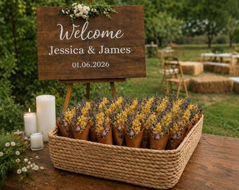 May include: A rectangular woven basket filled with brown paper cones containing dried yellow flowers and lavender sprigs. Beside the basket are three white pillar candles. A wooden sign on an easel reads Welcome Jessica & James 01.06.2026.