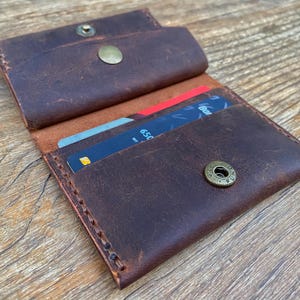 Tarjetero de cuero, billetera plegable de cuero hecha a mano, billetera de bolsillo frontal, billetera de cuero personalizada