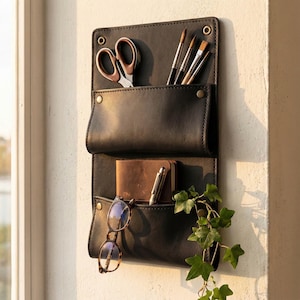 Leather Bedside Organizer for Bed Frame, Hanging Wall Pocket, Phone Holder, Nightstand Storage, Handmade Gift