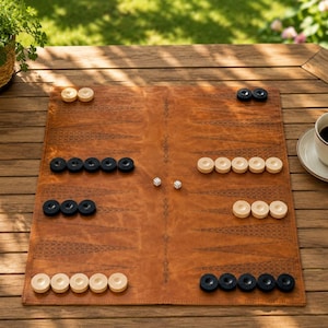 Custom engraved leather backgammon board made for anniversaries and special gifts.