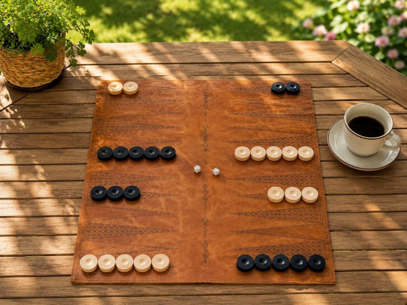 Custom engraved leather backgammon board made for anniversaries and special gifts.